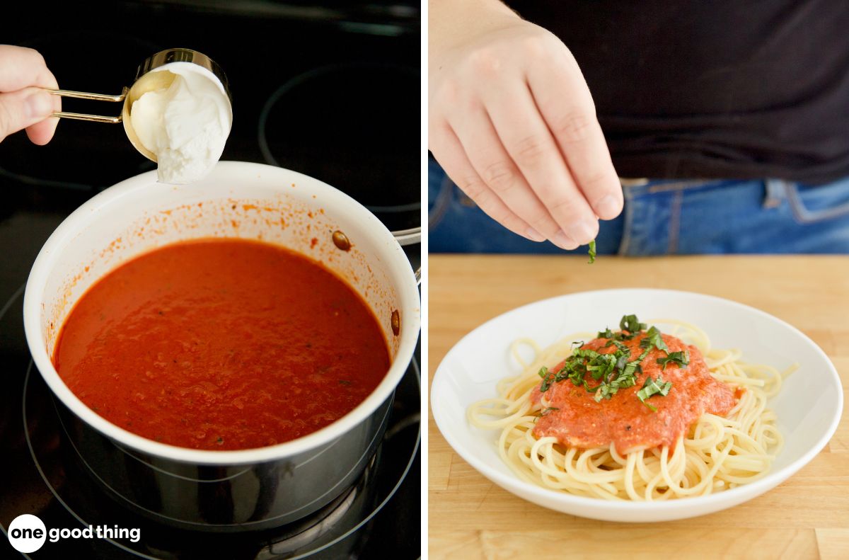 pasta sauce hacks Photos of adding sour cream to pasta sauce and sprinkling chopped herbs on a plate of spaghetti.