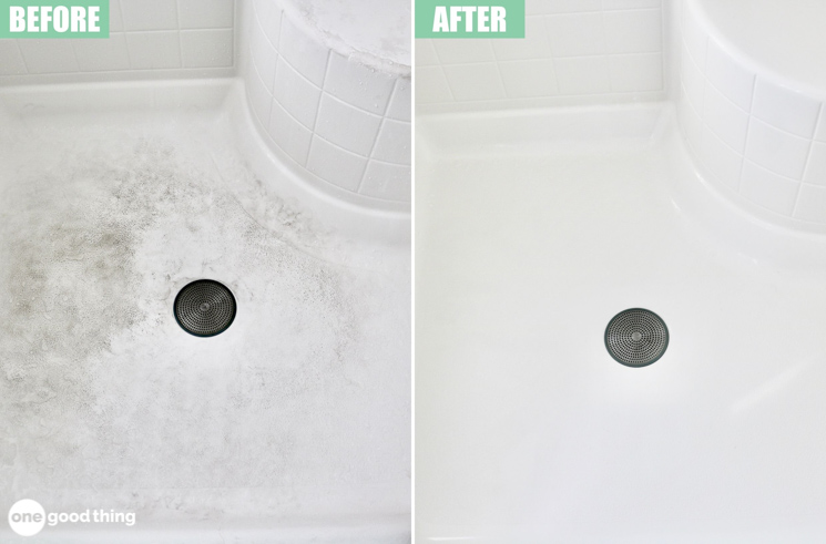 before and after photos of a shower floor that has been cleaned with the best homemade shower cleaner