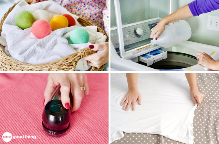 Solving Laundry Problems Solving Laundry Problems - collage: dryer balls in a basket of towels; adding vinegar to washing machine; de-pilling a sweater; stretching a t-shirt