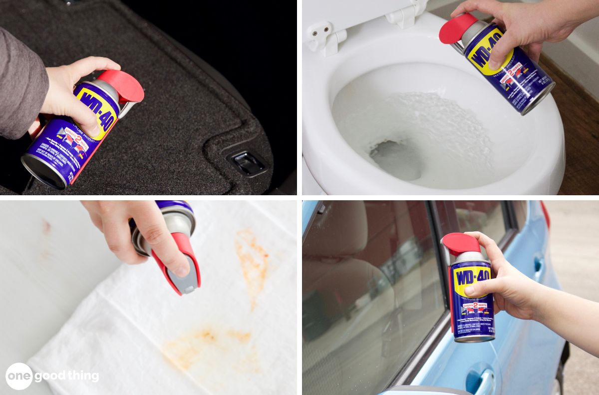 uses for WD40 Four pictures of a person using WD-40 to clean a car.