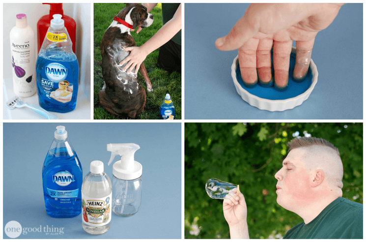 The Best Uses For Dawn Dish Soap collage of images showing various uses for dawn dish soap